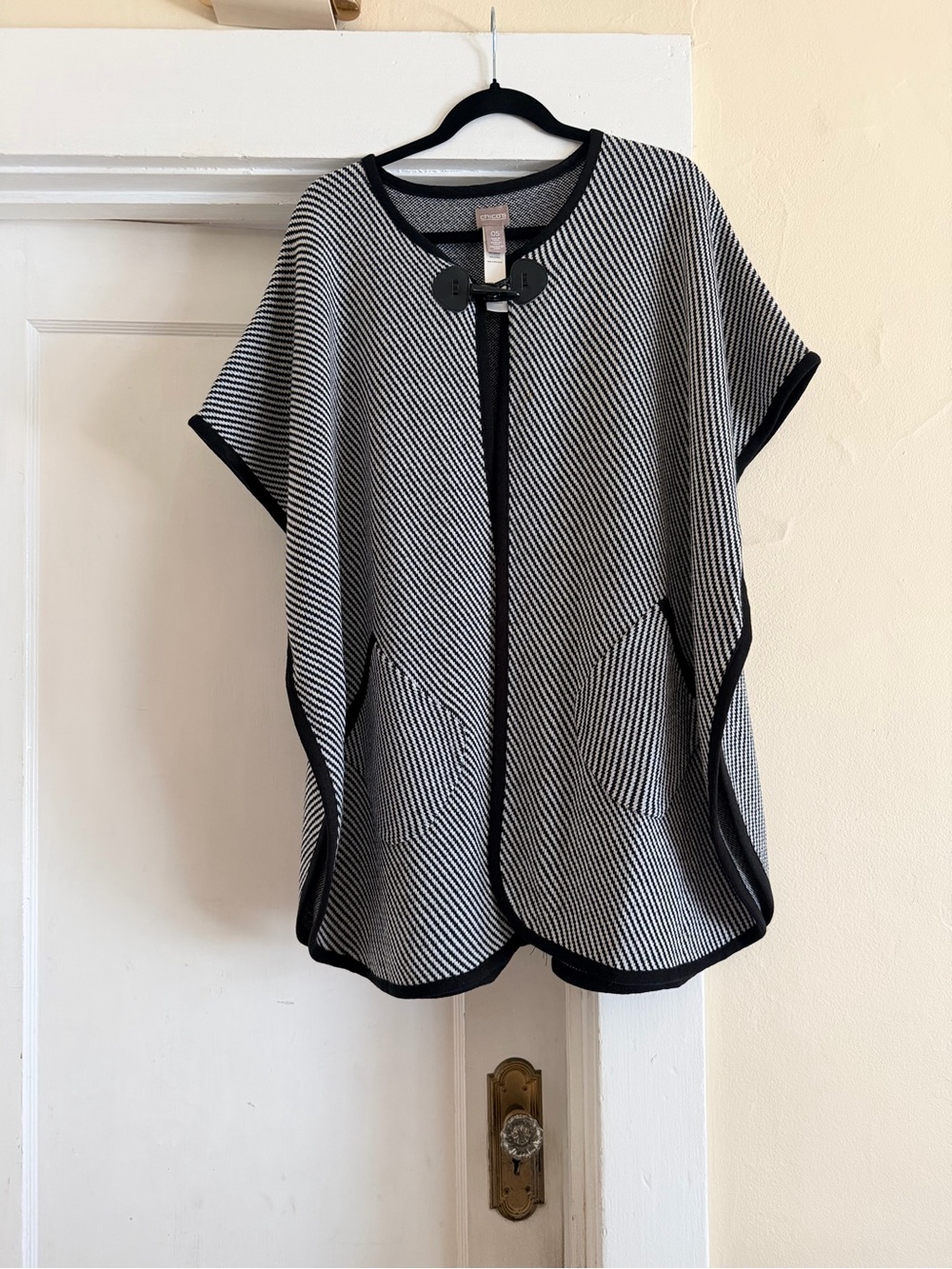 Chico's Black & White Striped Knit Poncho with Toggle Closure